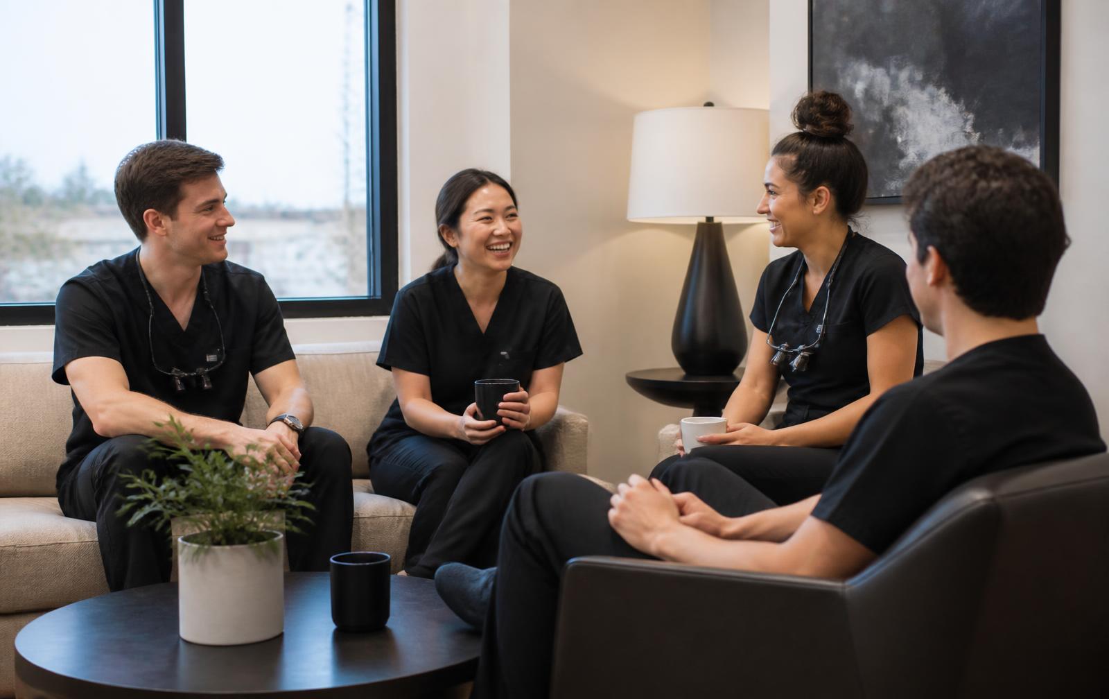 Dentists talking together in a warm lounge