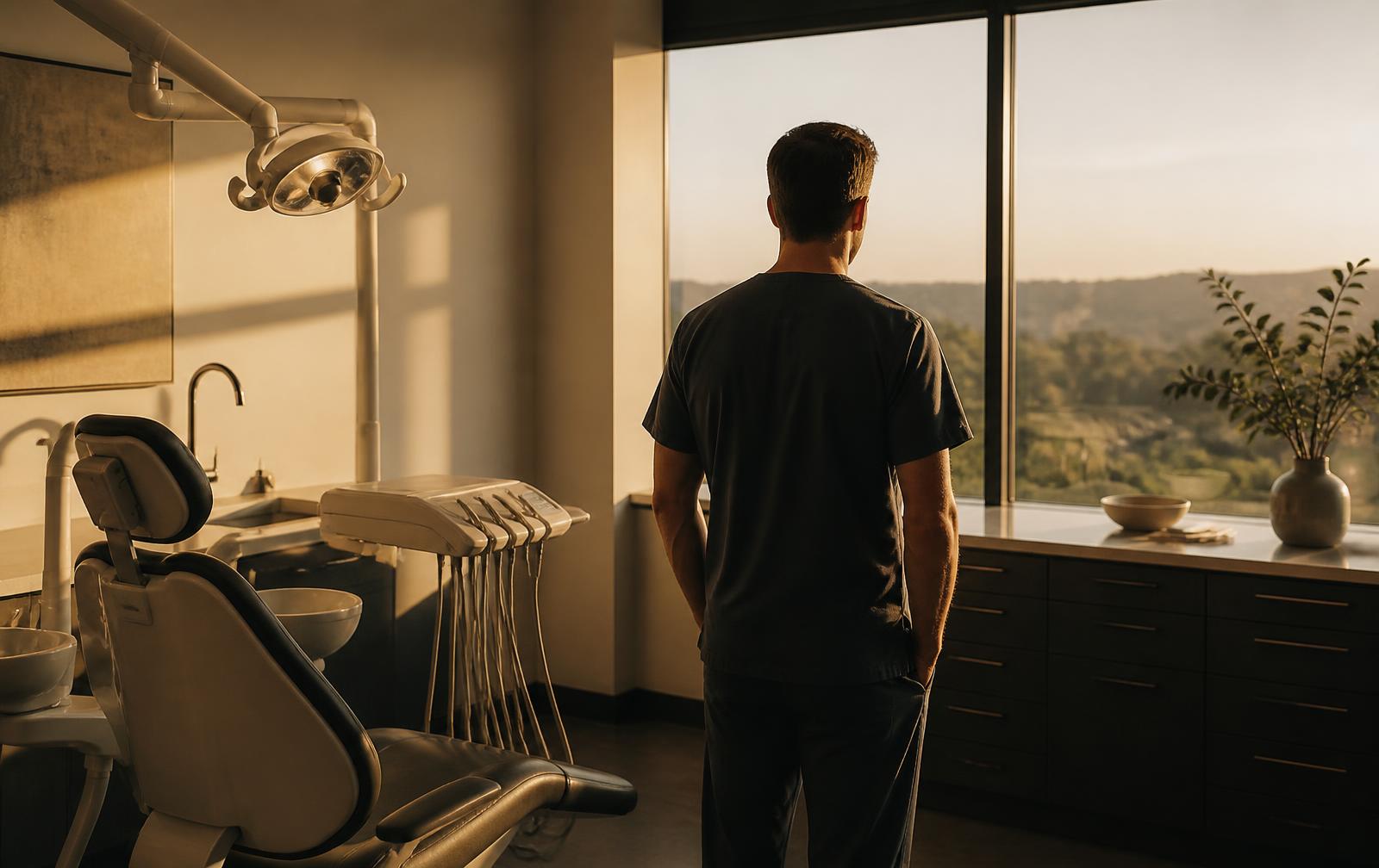 Dentist standing in a practice operatory at first light